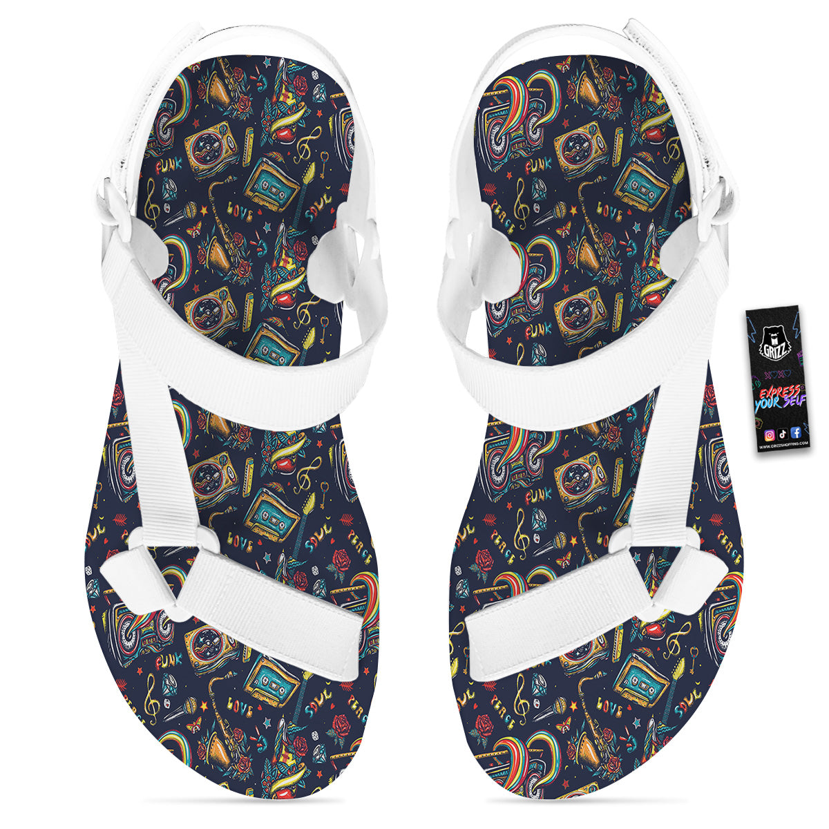 Musical Instruments Print Pattern White Open Toe Sandals-grizzshop