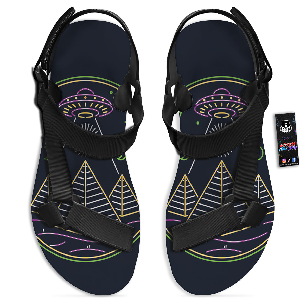 Mystery Of Egypt Neon Print Black Open Toe Sandals-grizzshop