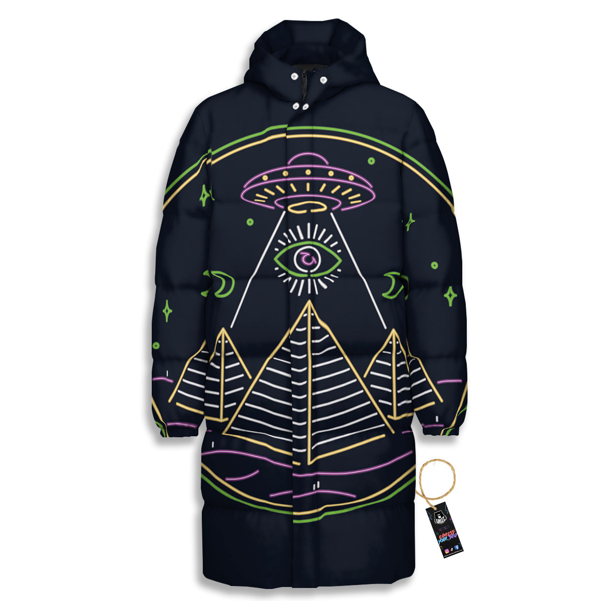 Mystery Of Egypt Neon Print Long Down Jacket