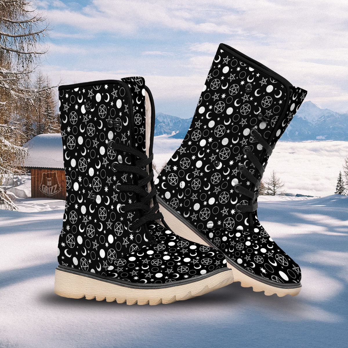 Mystic Witch White And Black Print Snow Boots-grizzshop