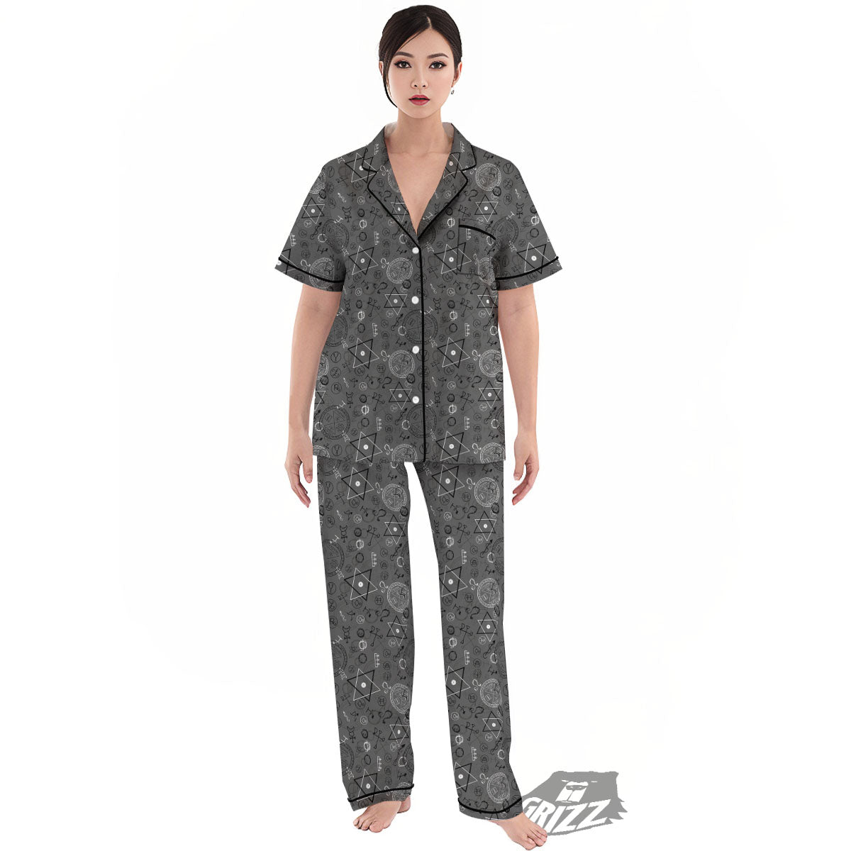 Mystical Wiccan Black And Grey Print Women's Pajamas Set-grizzshop