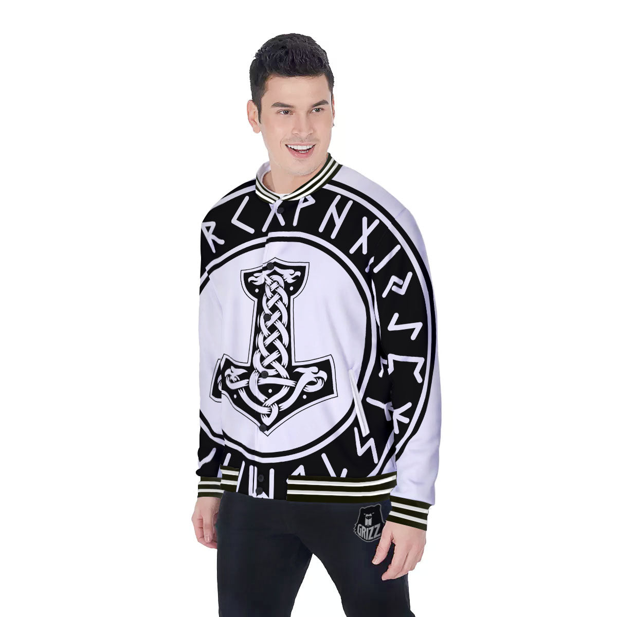 Mythology Mjolnir Norse Print Baseball Jacket-grizzshop