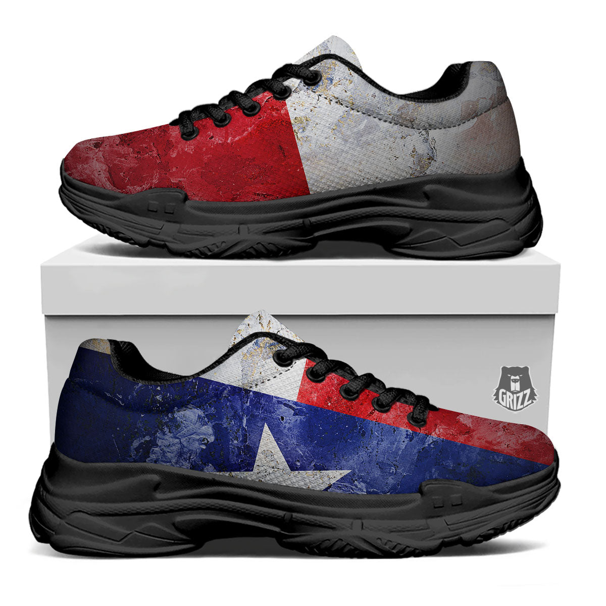 National Texas Flag Print Black Chunky Shoes-grizzshop