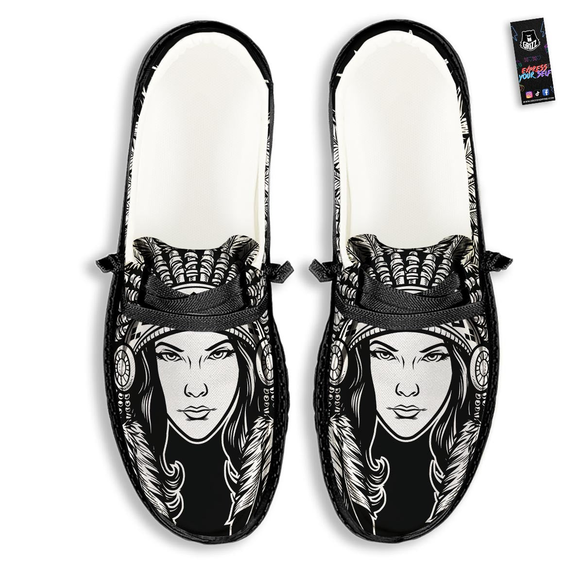 Native Indian Girl Tribal Print Black Loafers-grizzshop