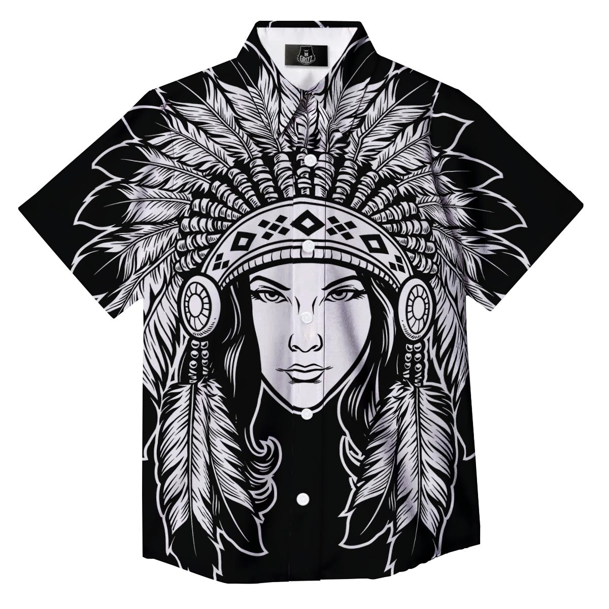 Native Indian Girl Tribal Print Button Up Shirt-grizzshop