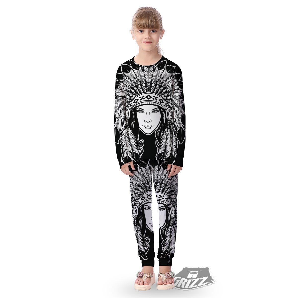 Native Indian Girl Tribal Print Kid's Pajamas-grizzshop
