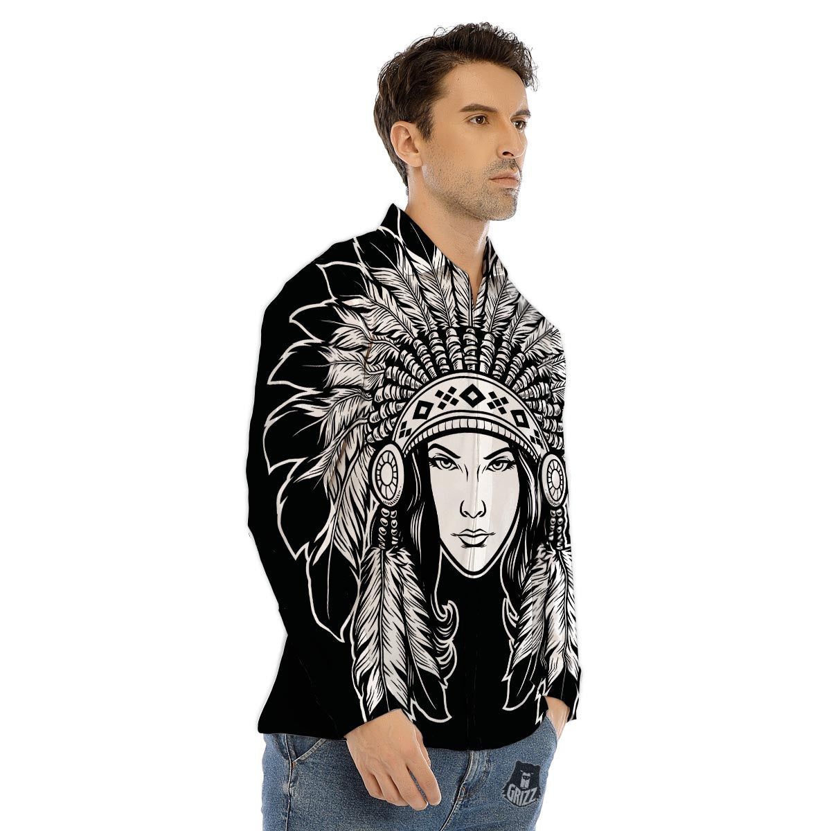 Native Indian Girl Tribal Print Men's Dress Shirts-grizzshop