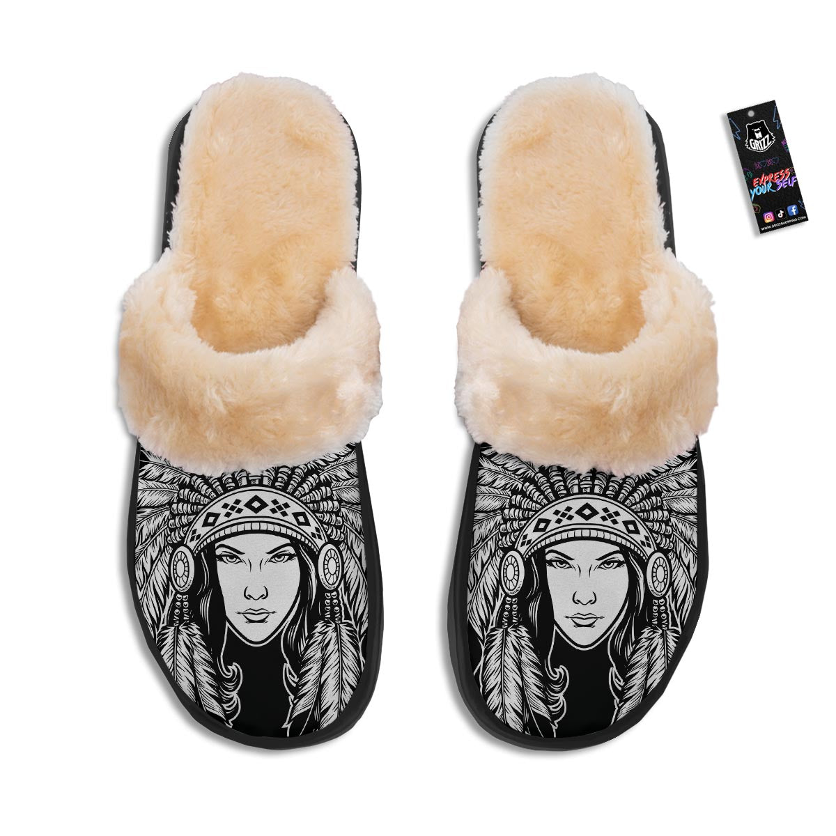 Native Indian Girl Tribal Print Slippers-grizzshop