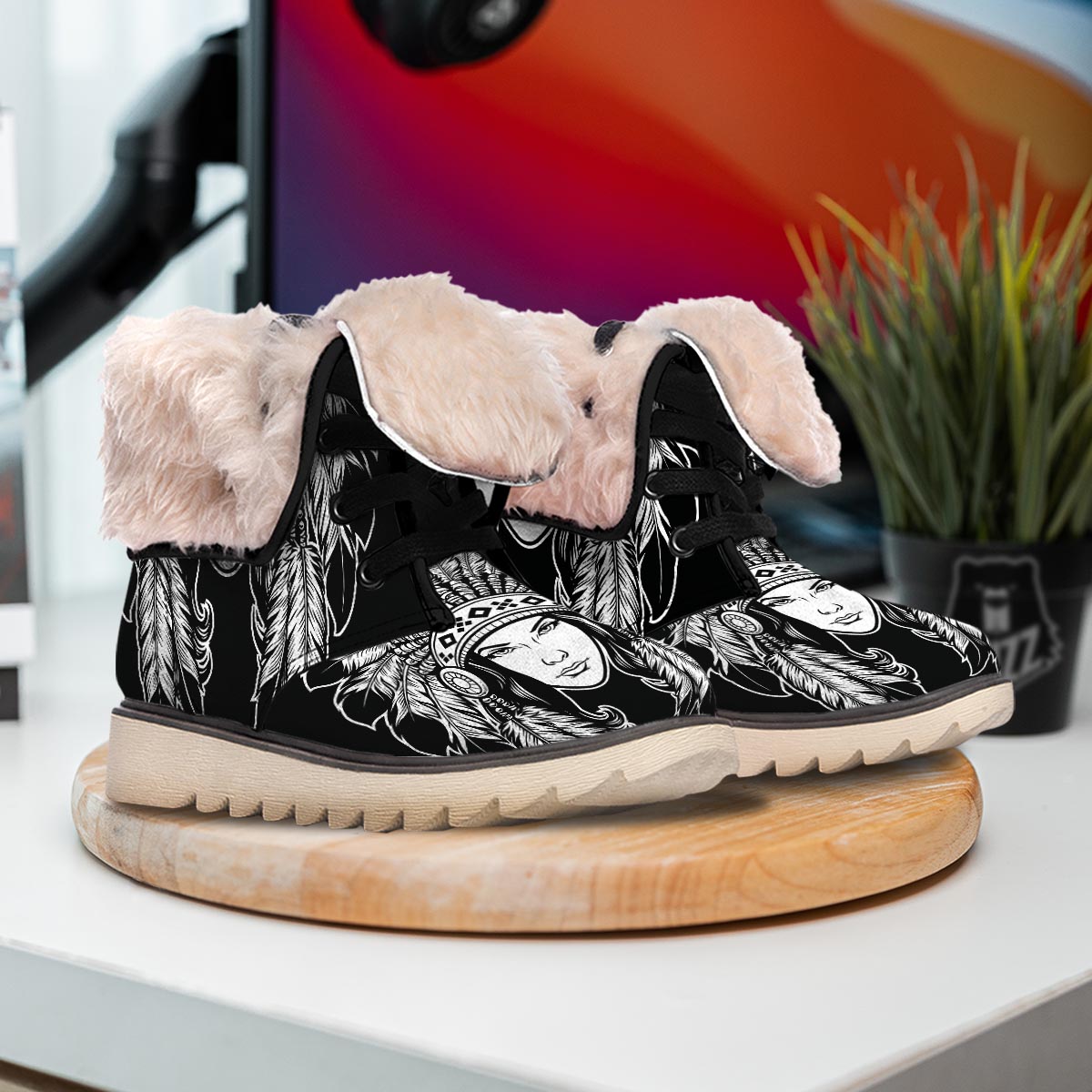 Native Indian Girl Tribal Print Snow Boots-grizzshop