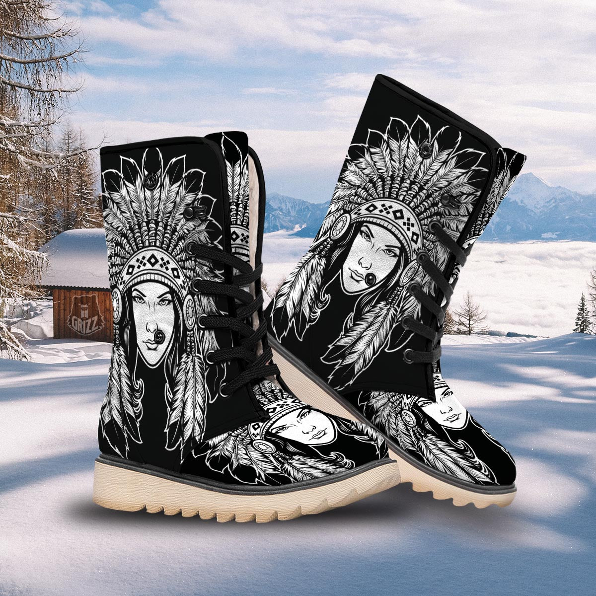 Native Indian Girl Tribal Print Snow Boots-grizzshop