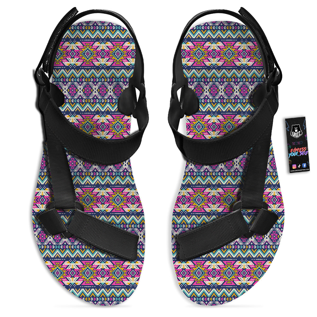 Native Navajo Colorful Geometric Print Black Open Toe Sandals-grizzshop