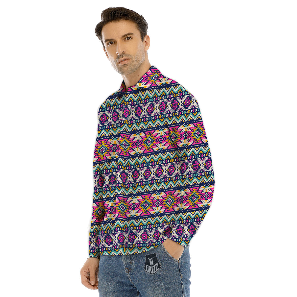 Native Navajo Colorful Geometric Print Men's Dress Shirts-grizzshop