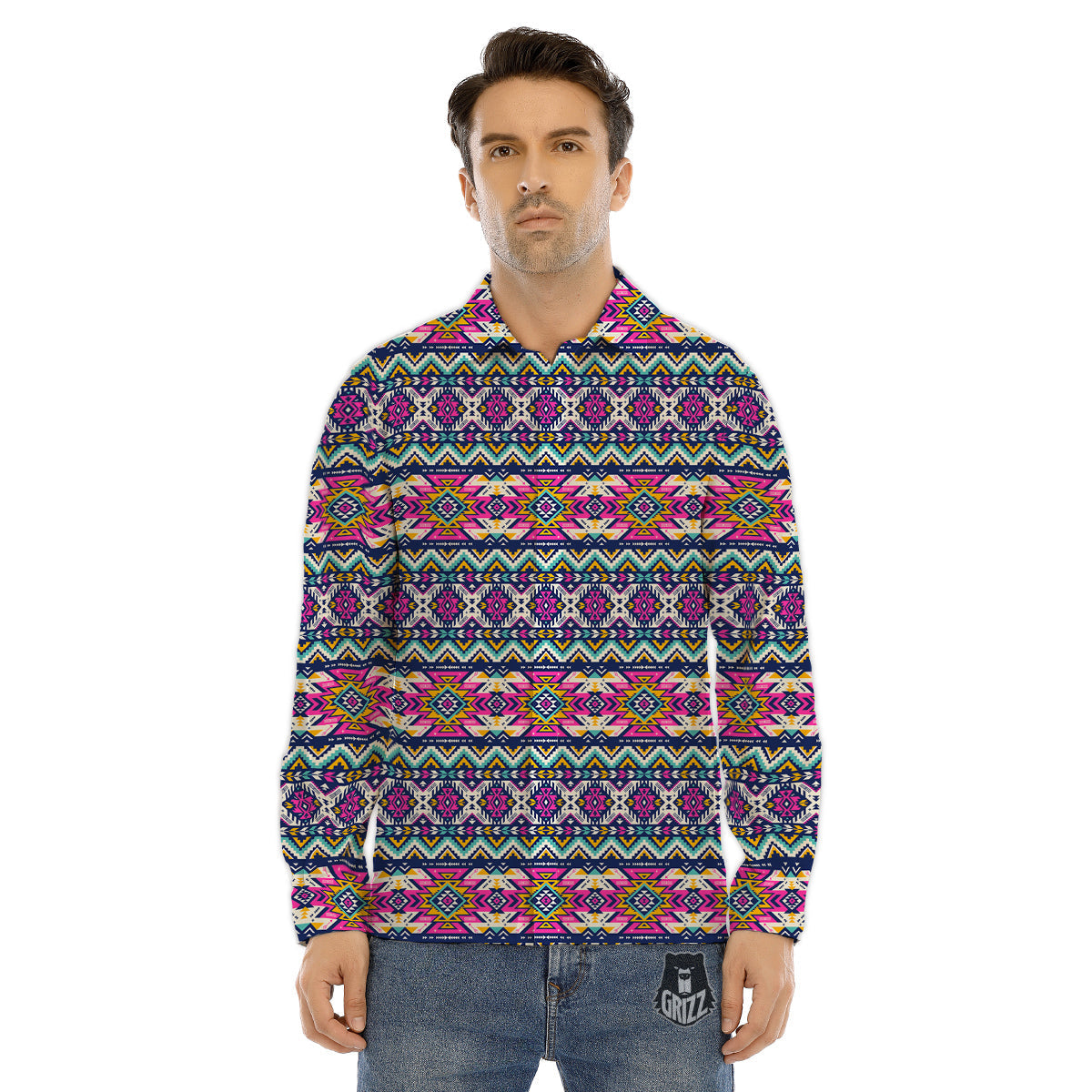 Native Navajo Colorful Geometric Print Men's Dress Shirts-grizzshop
