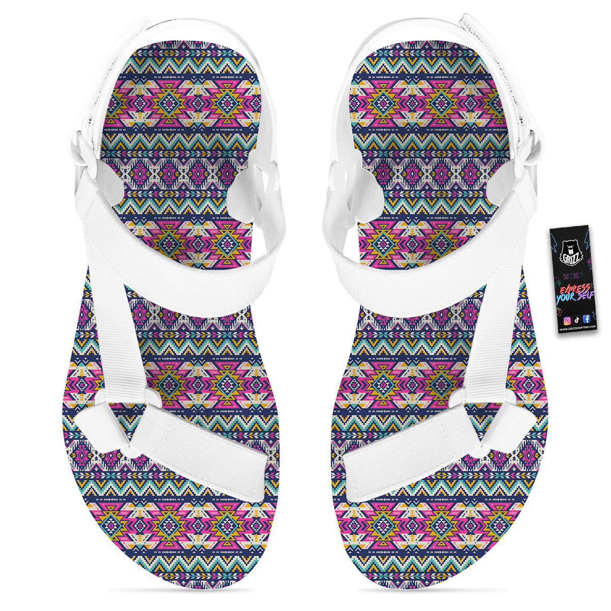 Native Navajo Colorful Geometric Print White Open Toe Sandals-grizzshop