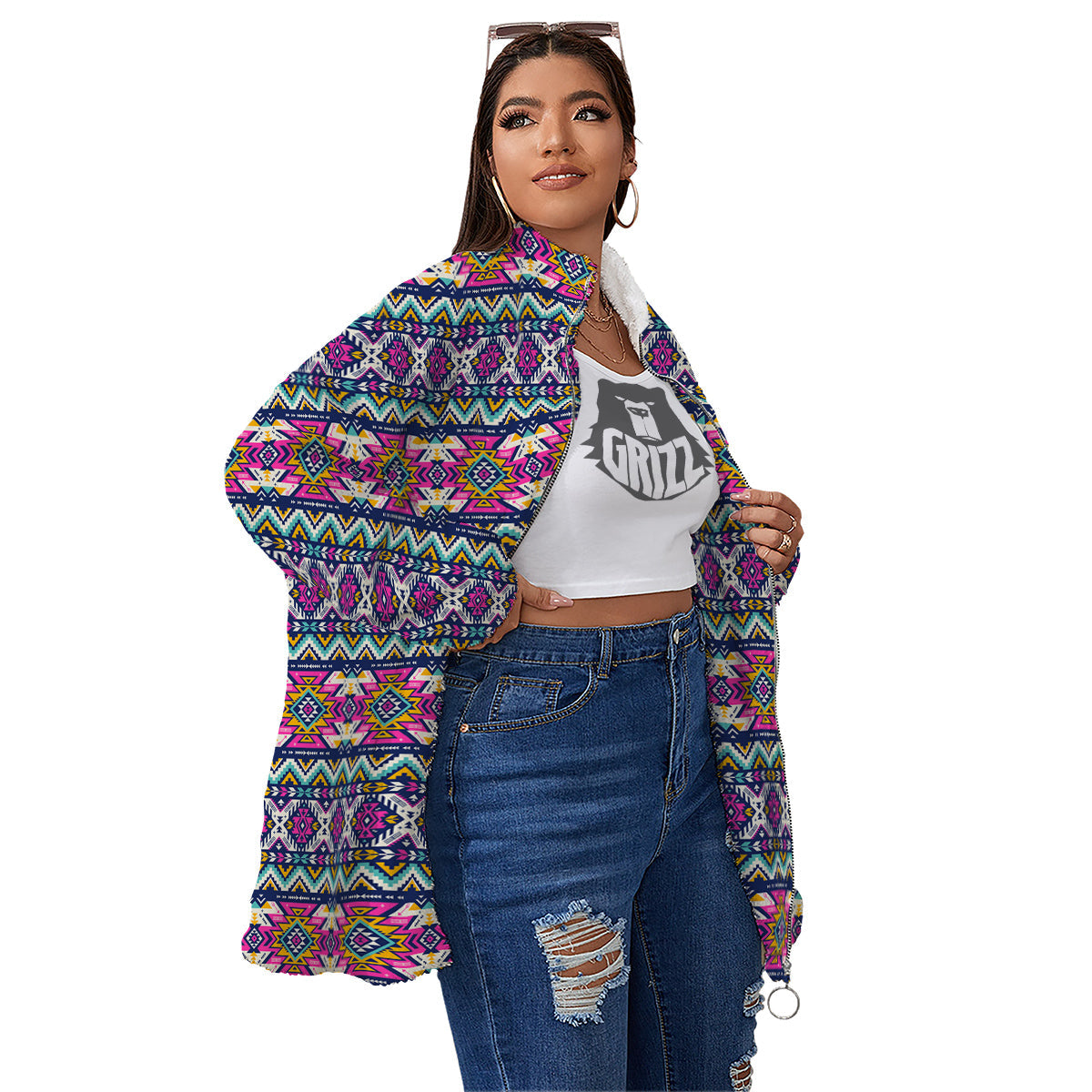Native Navajo Colorful Geometric Print Women's Sherpa Jacket-grizzshop