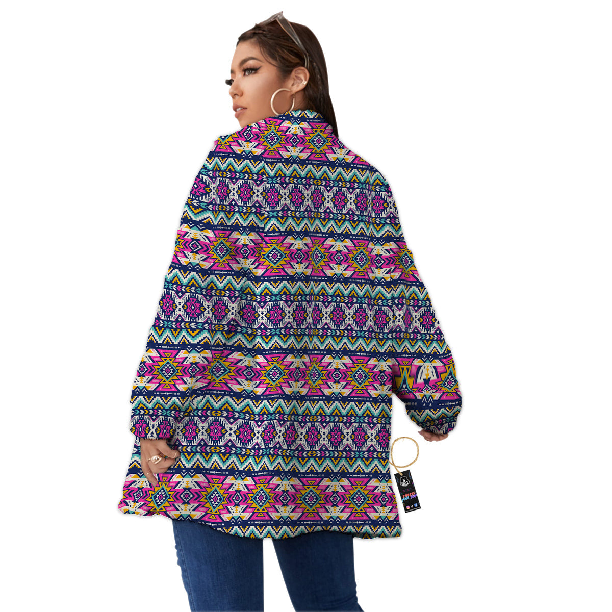 Native Navajo Colorful Geometric Print Women's Sherpa Jacket-grizzshop