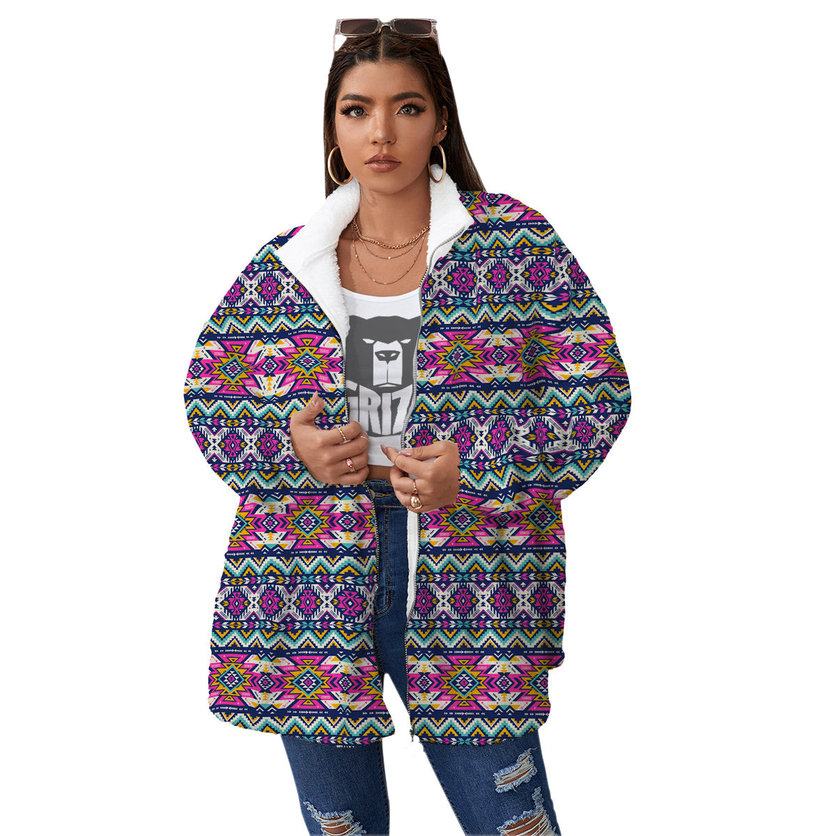 Native Navajo Colorful Geometric Print Women's Sherpa Jacket-grizzshop