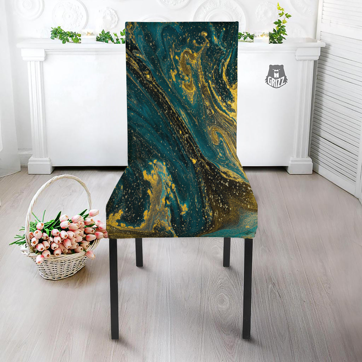 Natural Luxury Blue And Gold Marble Print Dining Chair Slipcover-grizzshop