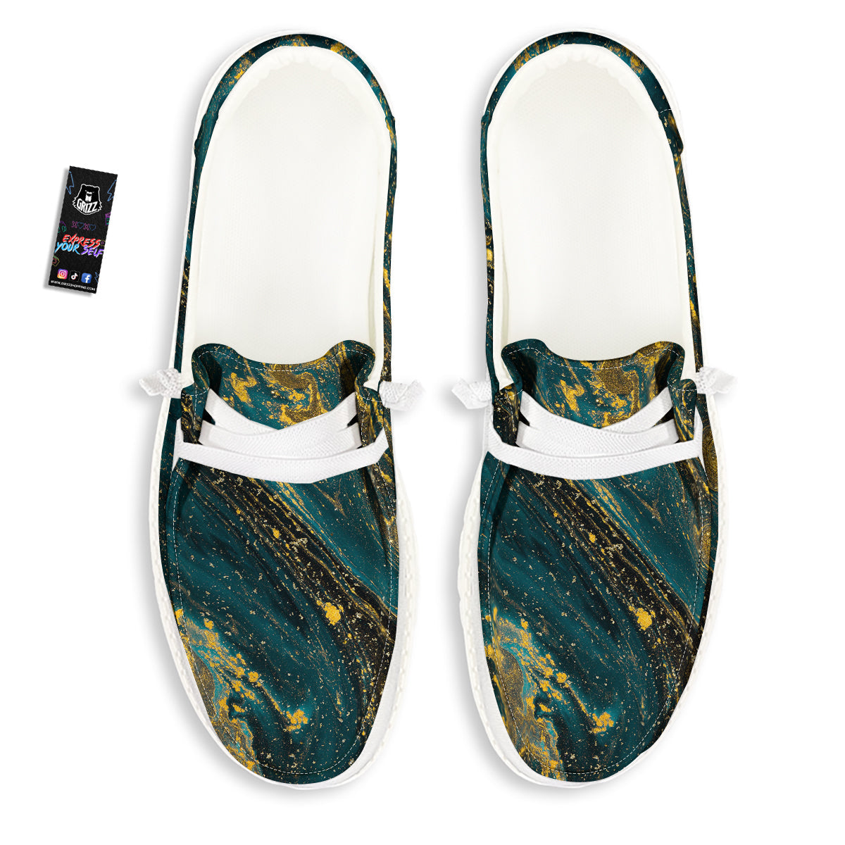 Natural Luxury Blue And Gold Marble Print White Loafers-grizzshop