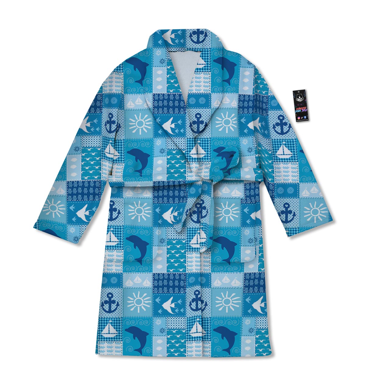 Nautical Sea Animal Patchwork Retro Print Pattern Bathrobe-grizzshop