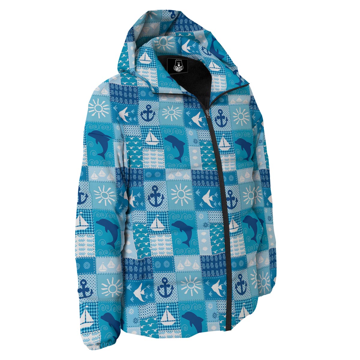 Nautical Sea Animal Patchwork Retro Print Pattern Down Jacket-grizzshop