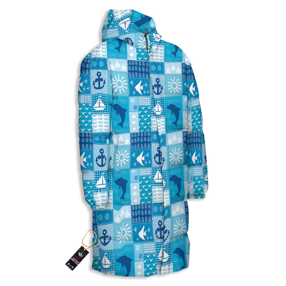 Nautical Sea Animal Patchwork Retro Print Pattern Long Down Jacket-grizzshop