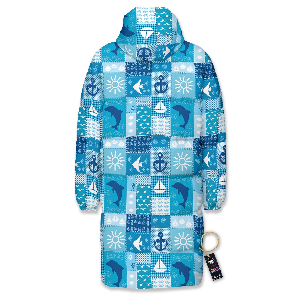 Nautical Sea Animal Patchwork Retro Print Pattern Long Down Jacket-grizzshop