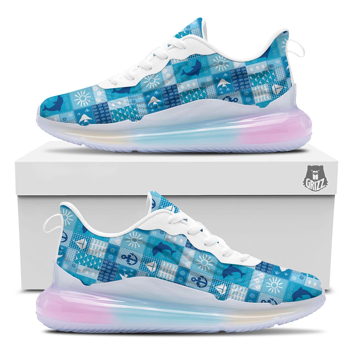 Nautical Sea Animal Patchwork Retro Print Pattern Running Sneakers-grizzshop