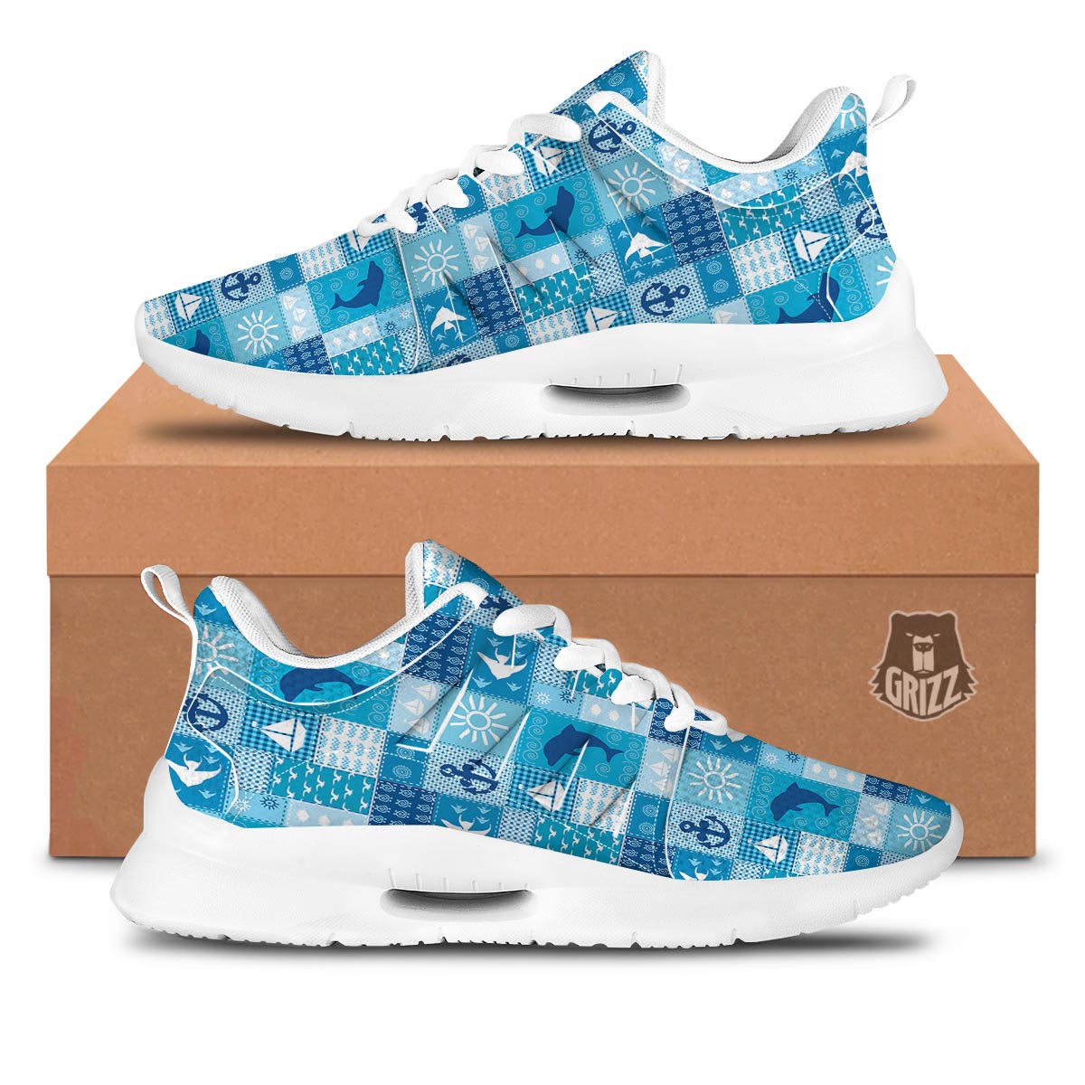 Nautical Sea Animal Patchwork Retro Print Pattern Tennis Shoes-grizzshop