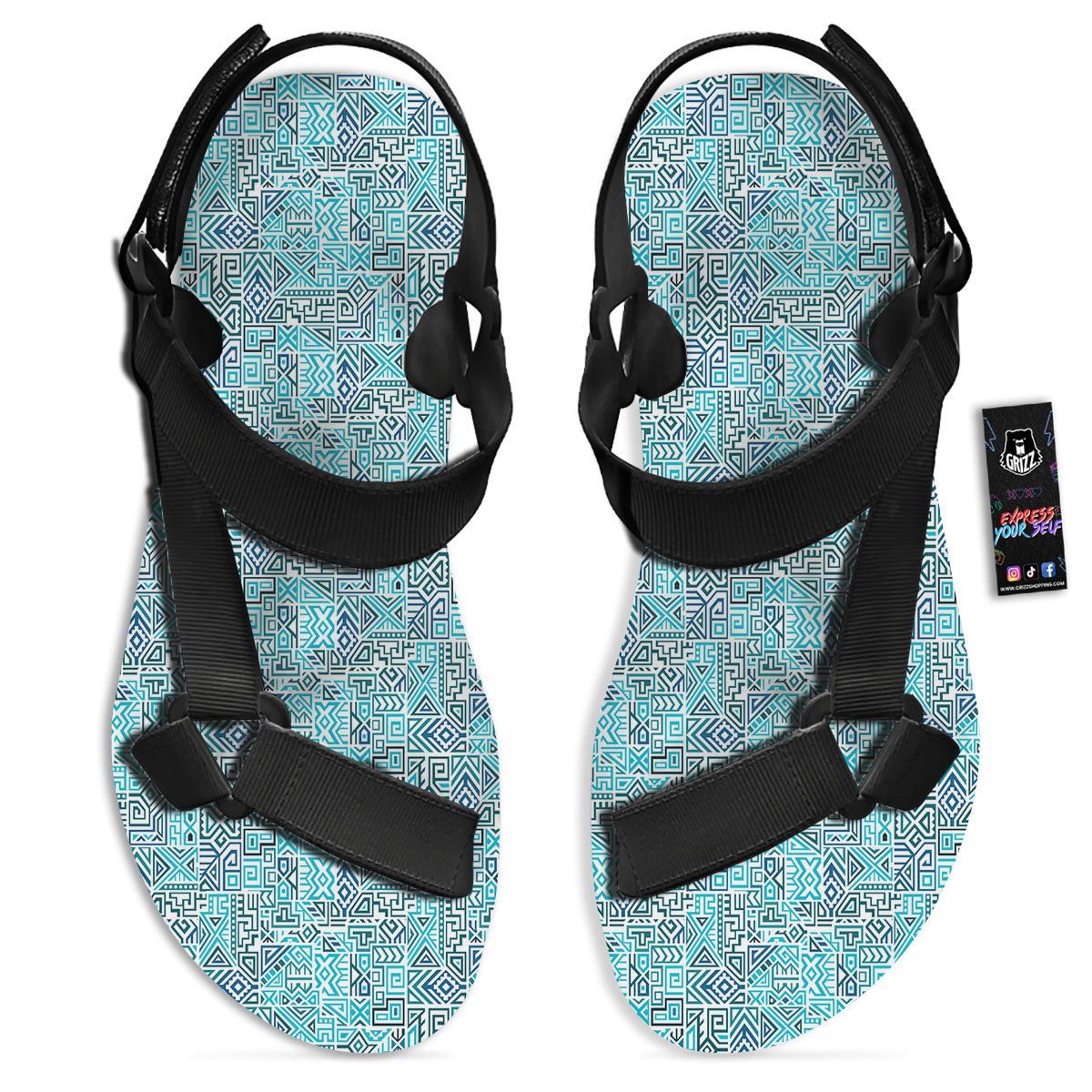 Navajo Ancient Geometric Print Black Open Toe Sandals-grizzshop