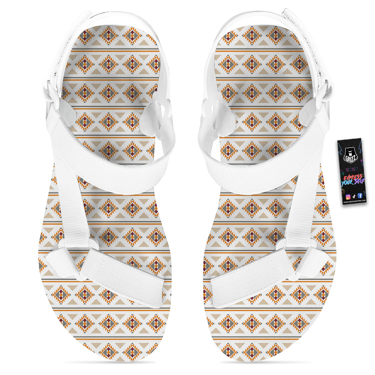 Navajo Ethnic Southwestern Print Pattern White Open Toe Sandals-grizzshop