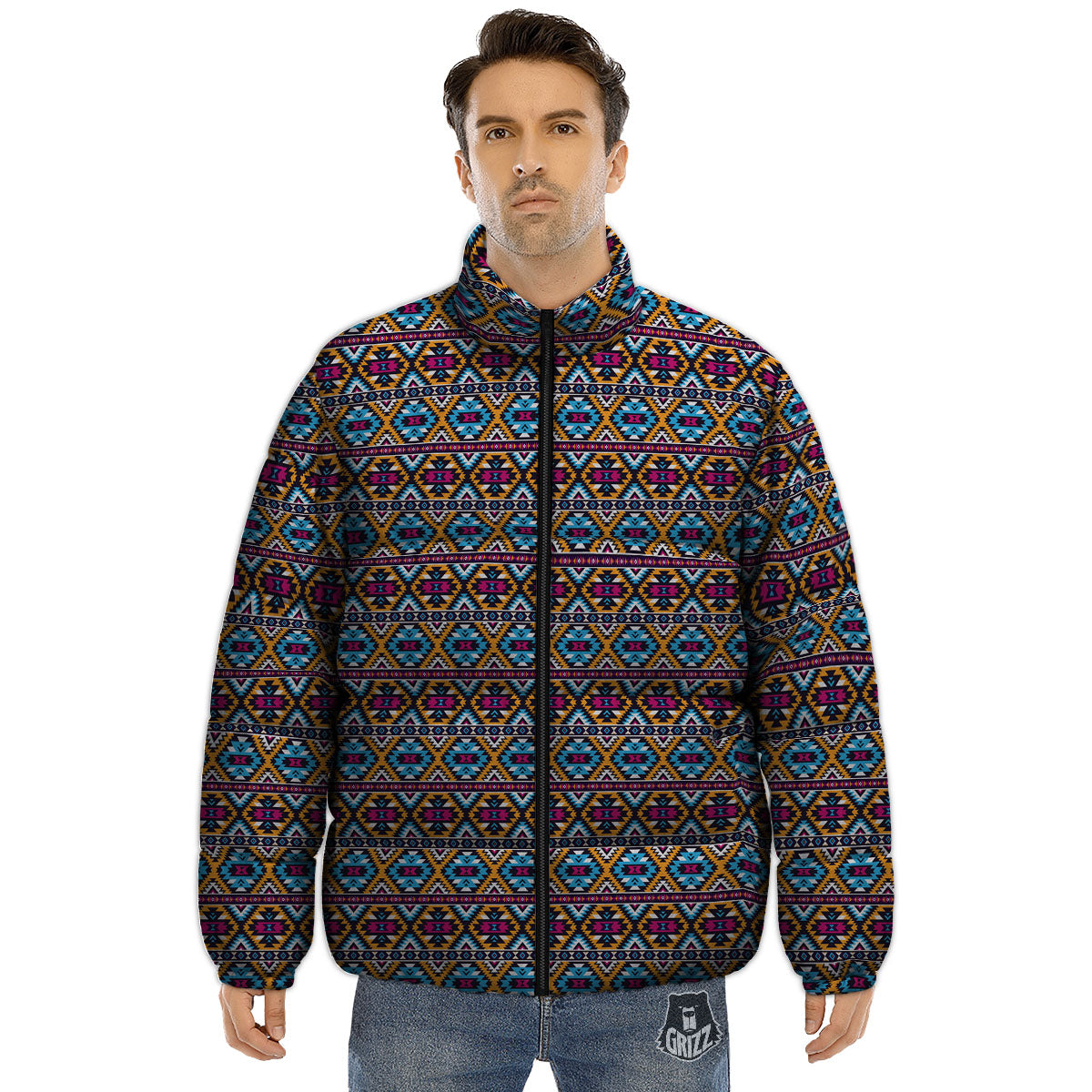 Navajo Geometric Ethnic Print Pattern Puffer Jacket-grizzshop