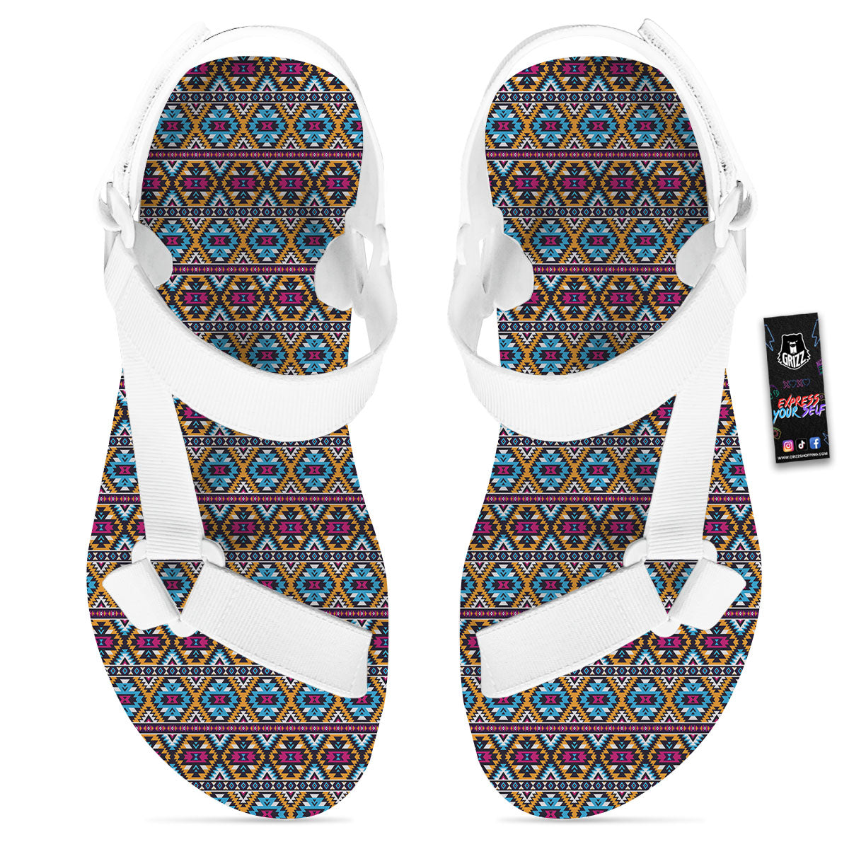 Navajo Geometric Ethnic Print Pattern White Open Toe Sandals-grizzshop