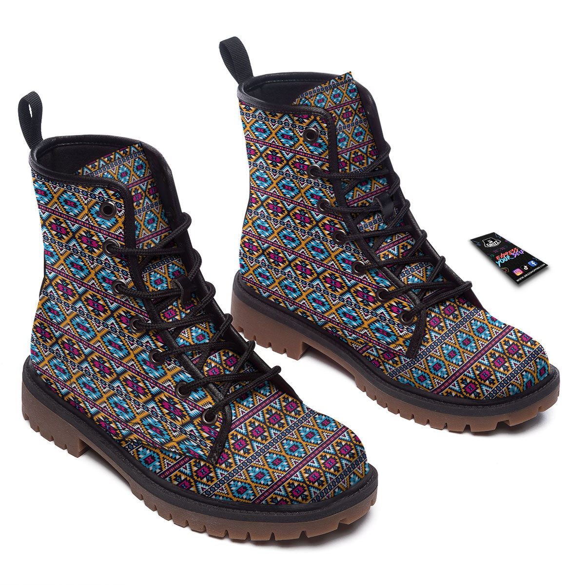 Navajo Geometric Ethnic Print Pattern Work Boots-grizzshop