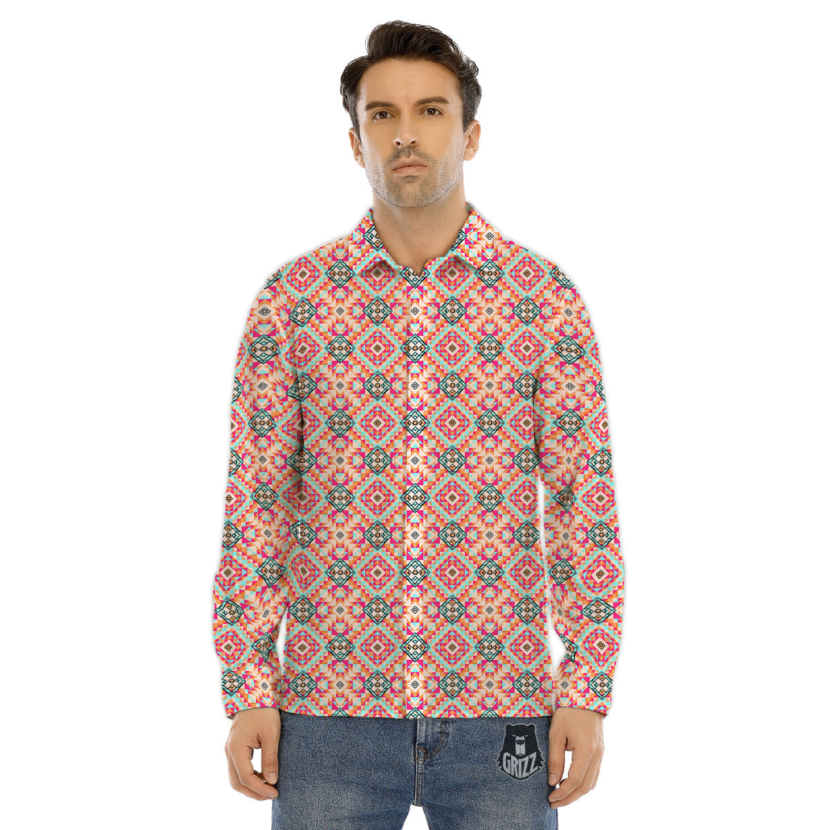 Navajo Geometric Native Print Men's Dress Shirts-grizzshop