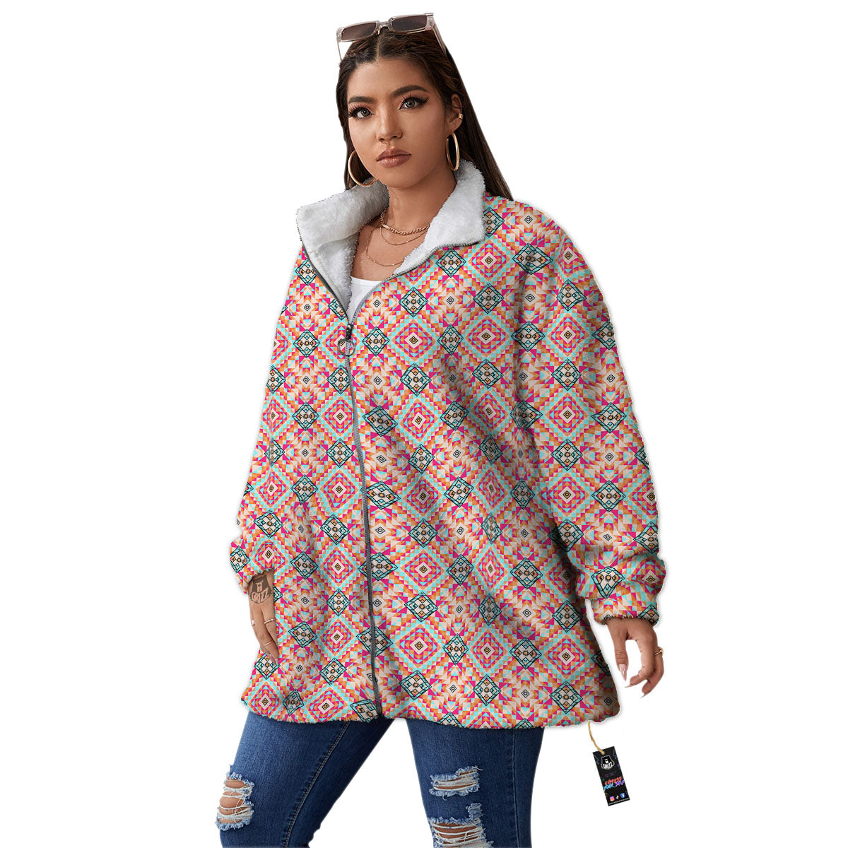 Navajo Geometric Native Print Women's Sherpa Jacket-grizzshop