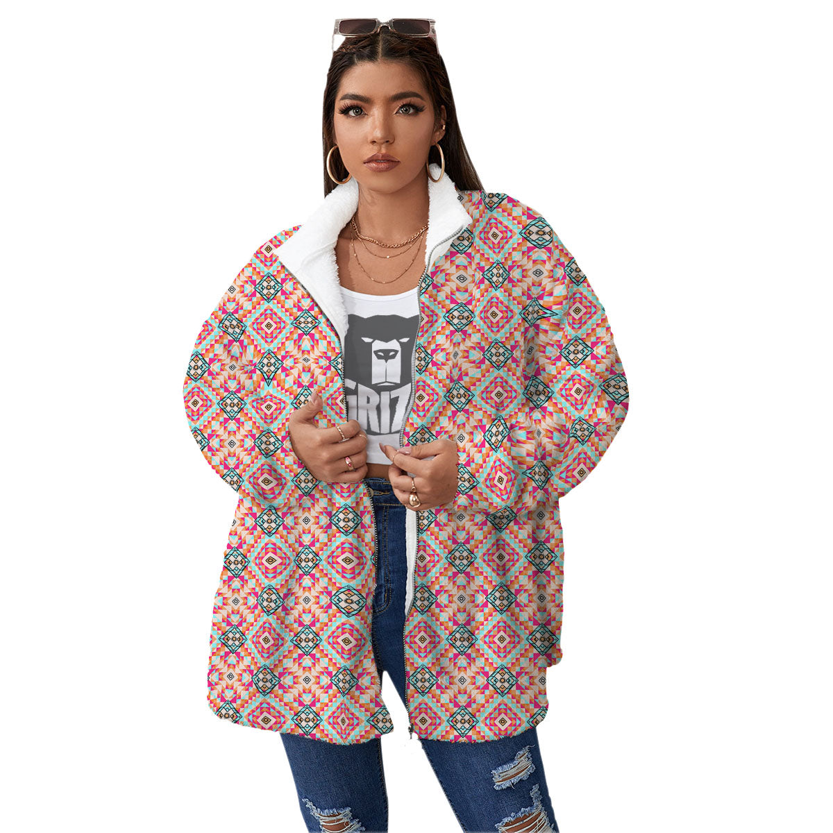 Navajo Geometric Native Print Women's Sherpa Jacket-grizzshop