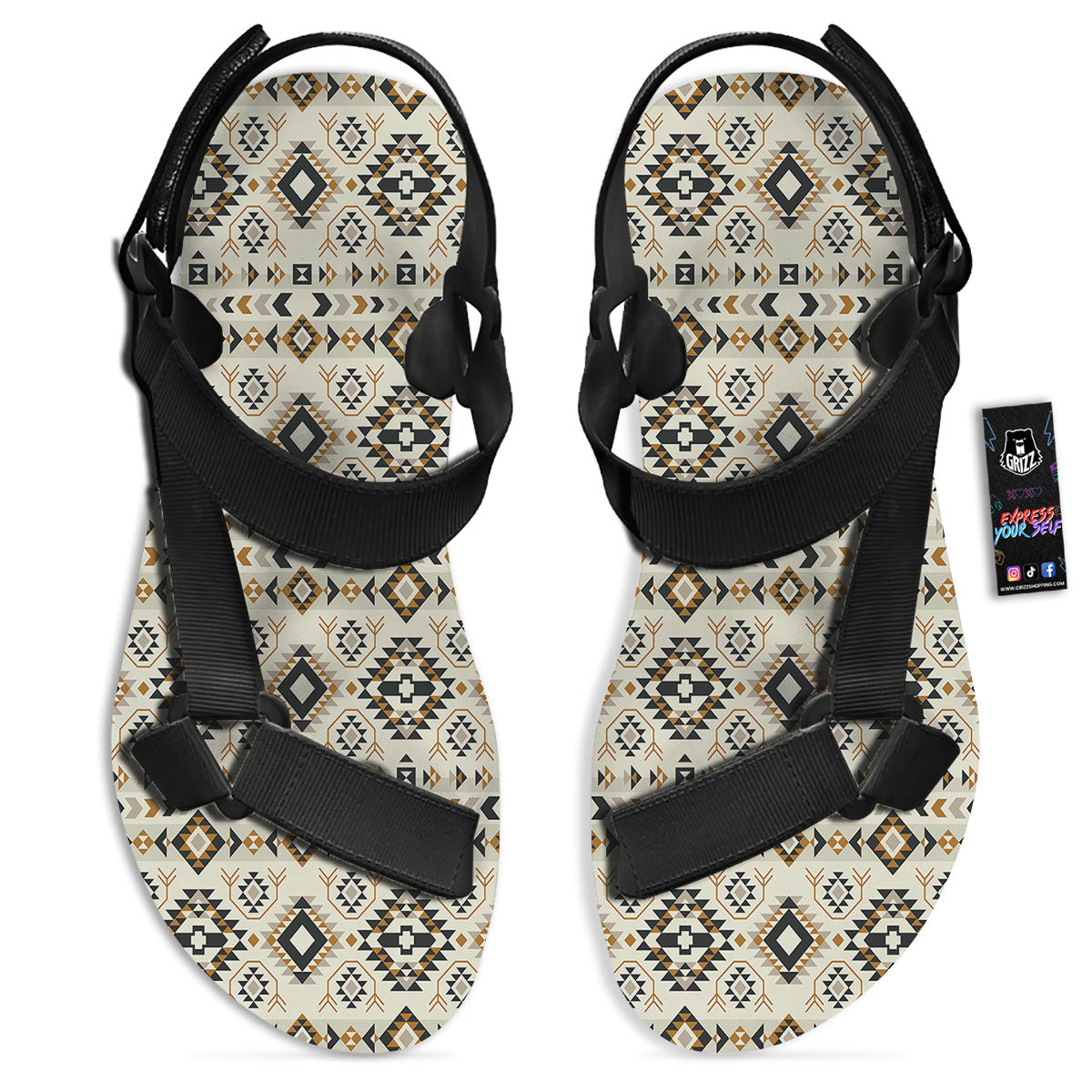 Navajo Geometric Style Print Pattern Black Open Toe Sandals-grizzshop