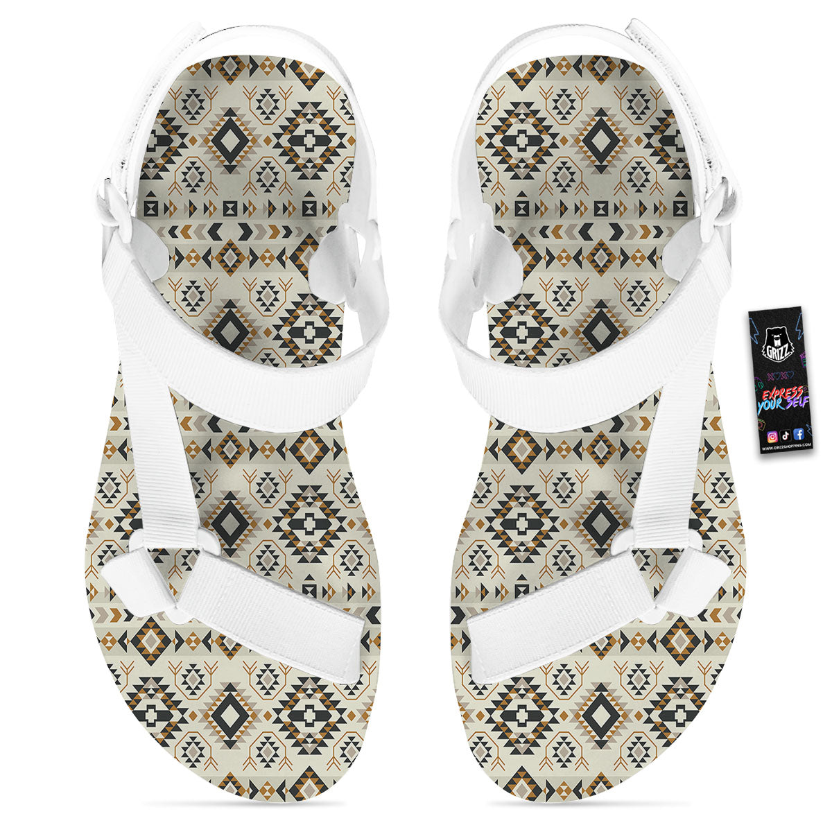 Navajo Geometric Style Print Pattern White Open Toe Sandals-grizzshop
