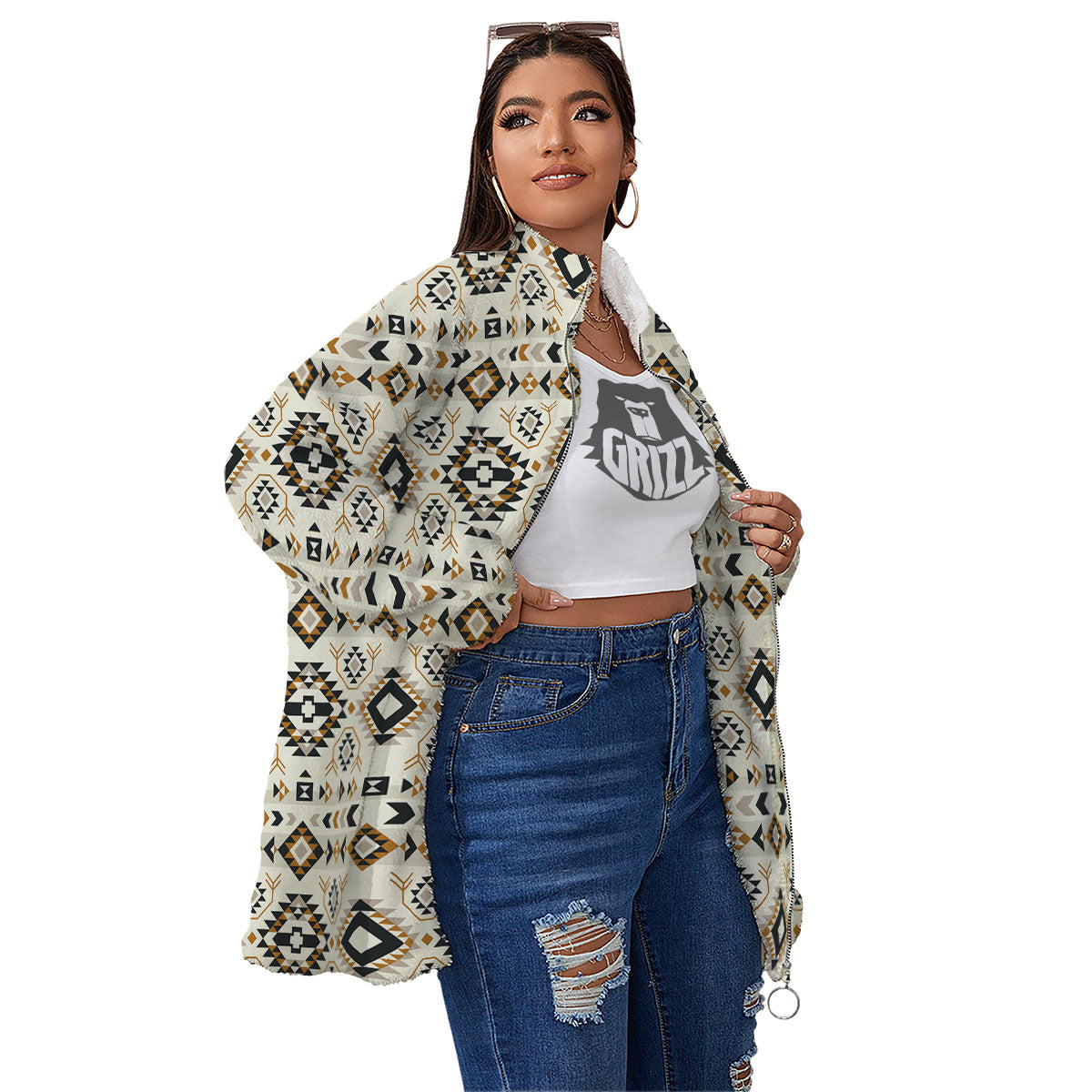 Navajo Geometric Style Print Pattern Women's Sherpa Jacket-grizzshop