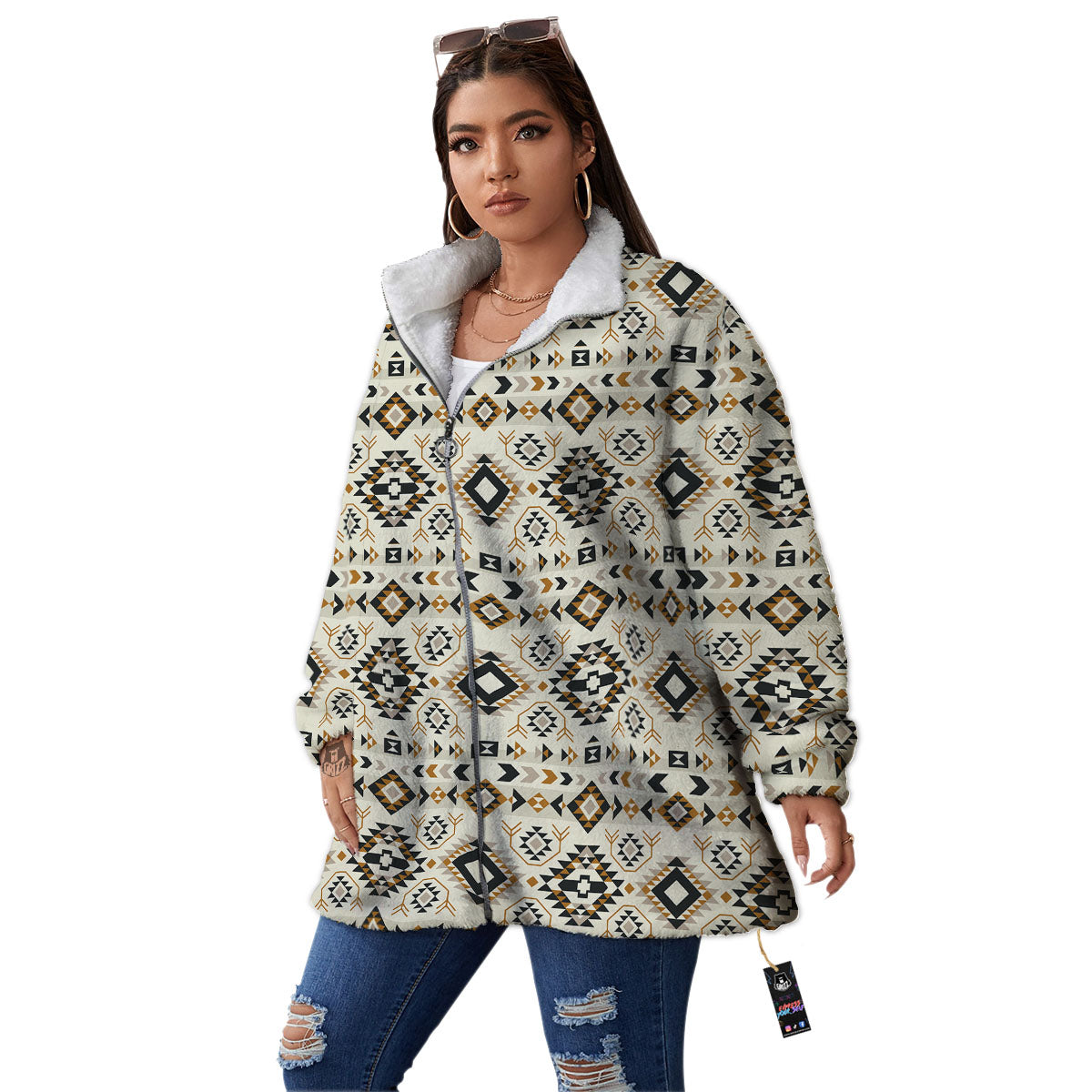 Navajo Geometric Style Print Pattern Women's Sherpa Jacket-grizzshop
