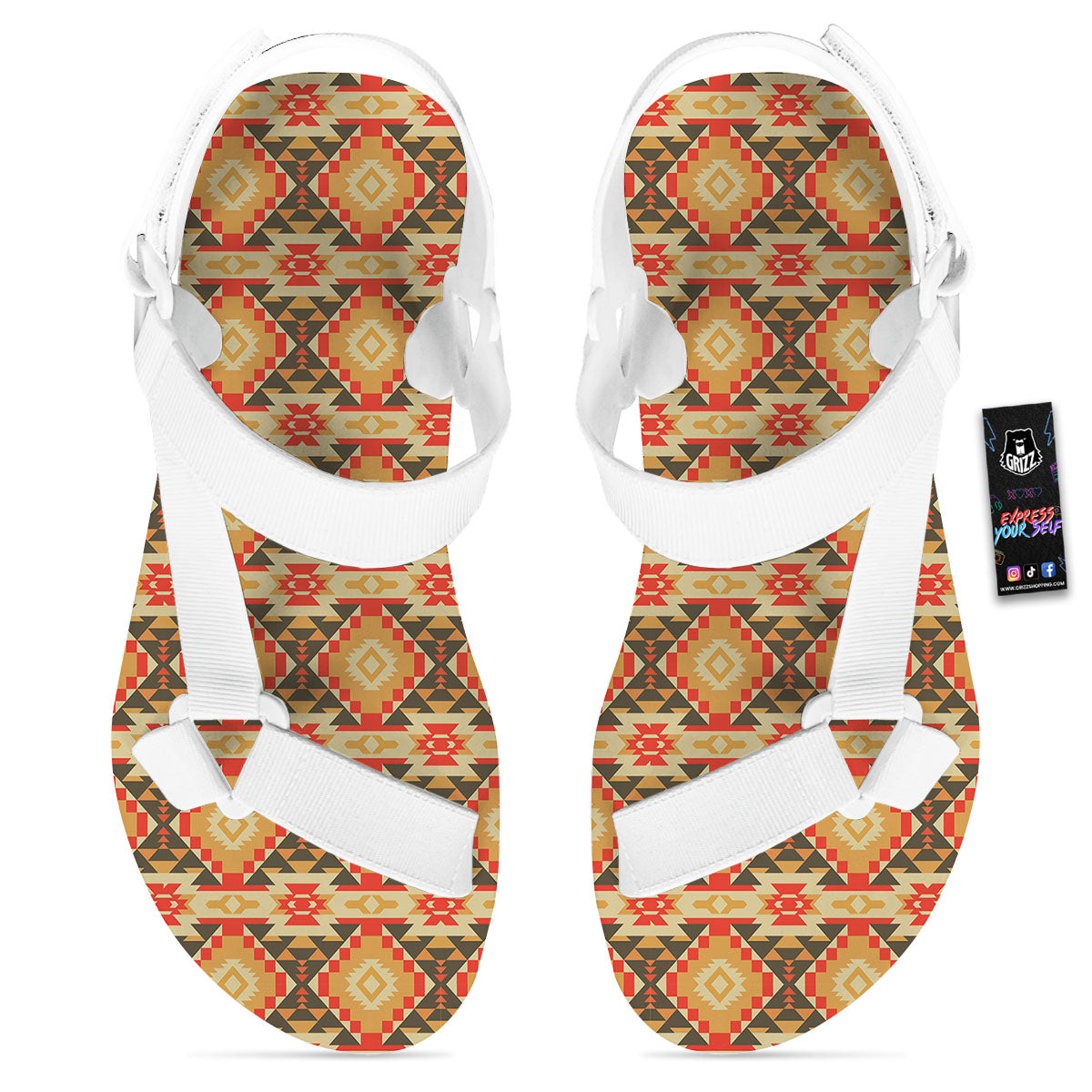 Navajo Native Print Pattern White Open Toe Sandals-grizzshop