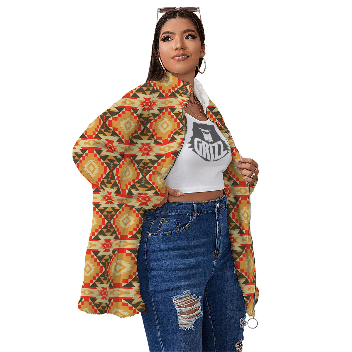 Navajo Native Print Pattern Women's Sherpa Jacket-grizzshop