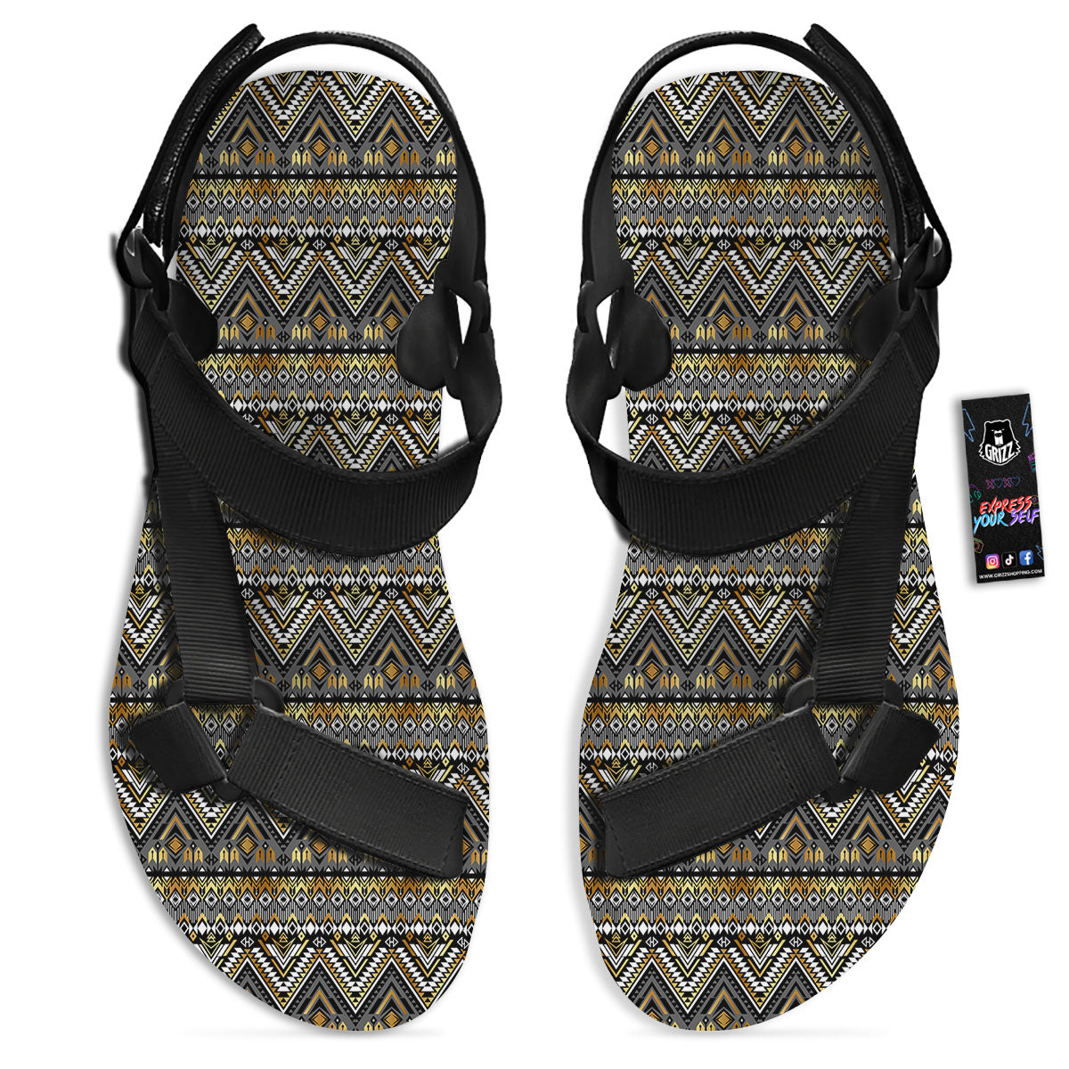 Navajo Native Tribal Print Pattern Black Open Toe Sandals-grizzshop