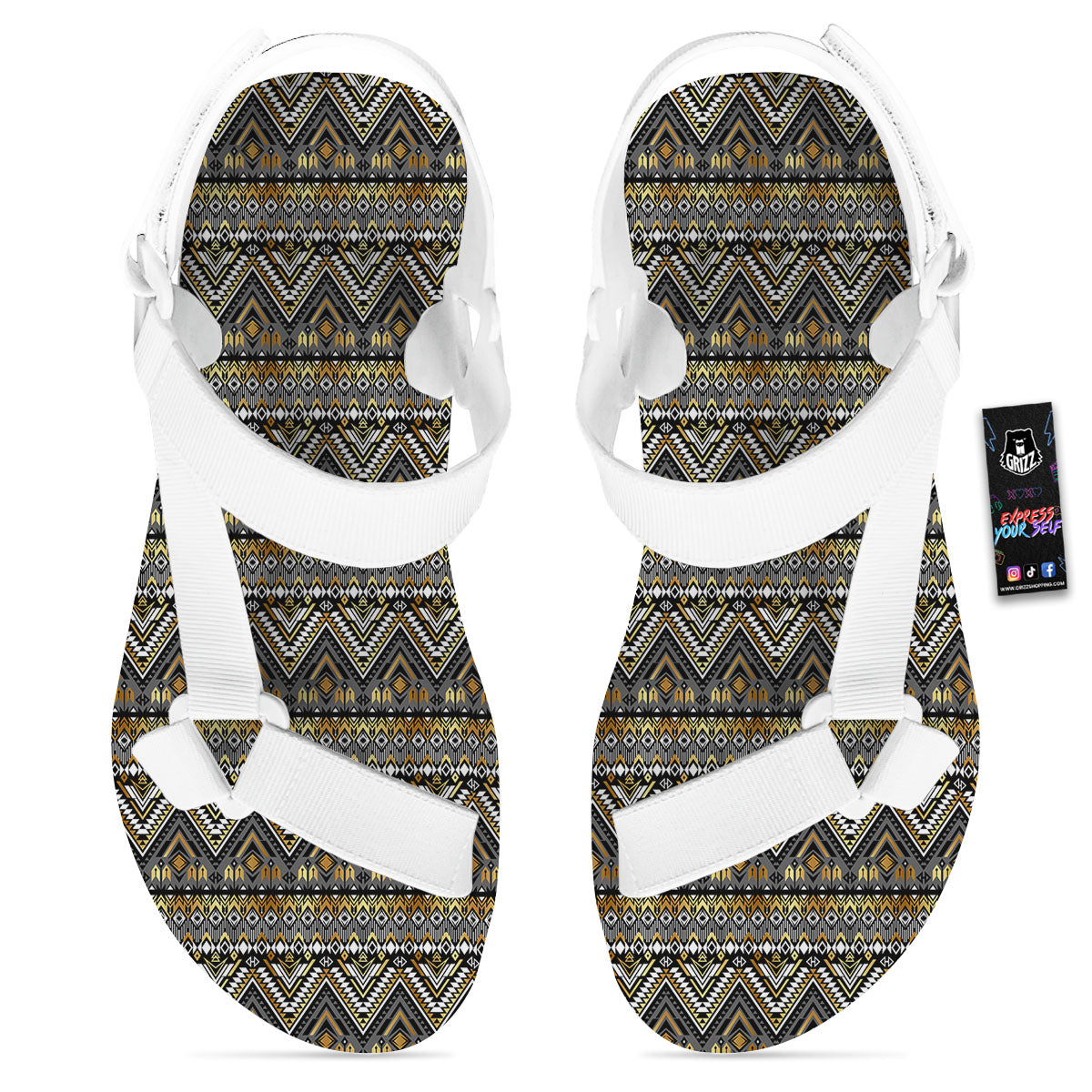 Navajo Native Tribal Print Pattern White Open Toe Sandals-grizzshop
