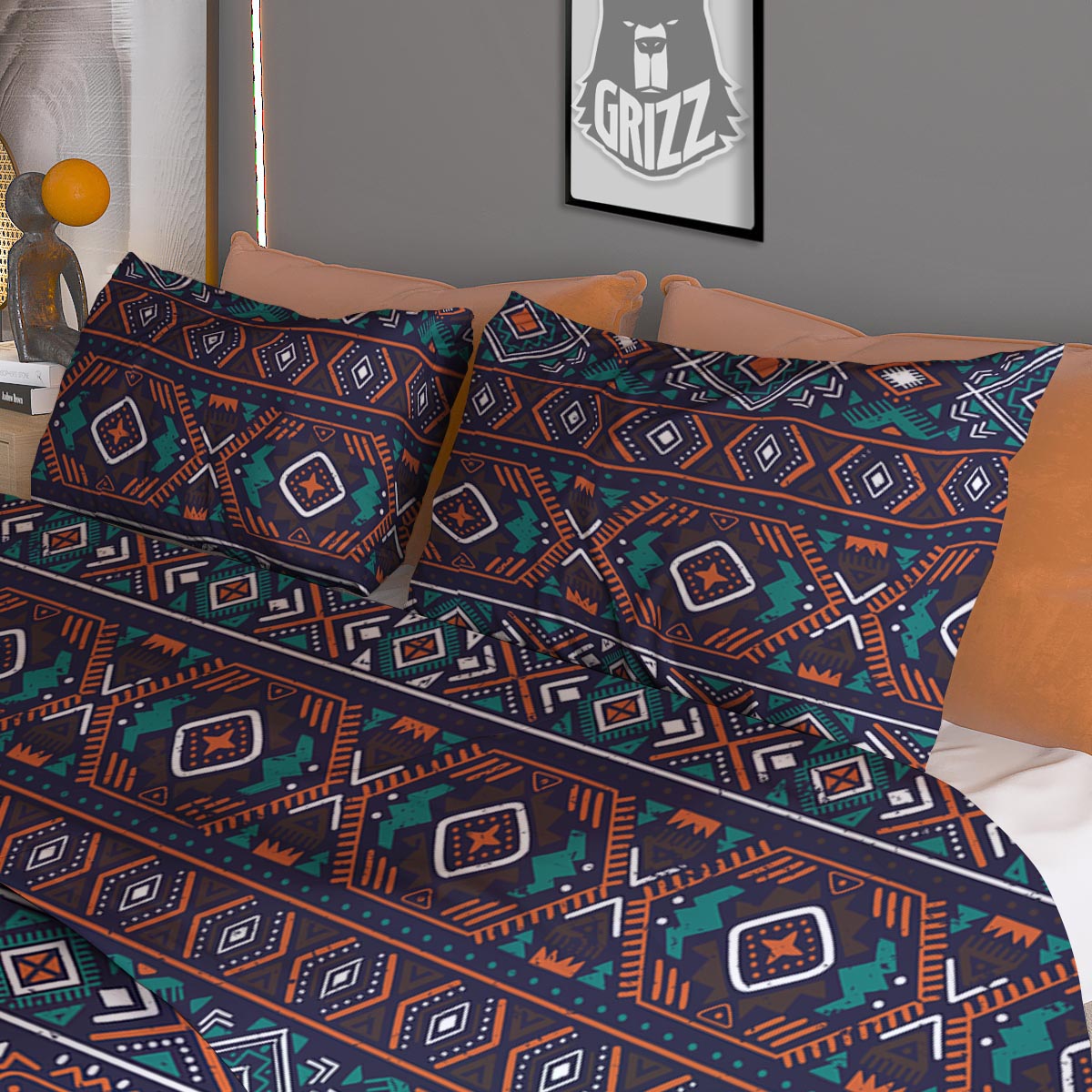Navy Plaid And Blue Green Print Pattern Duvet Cover Bedding Set