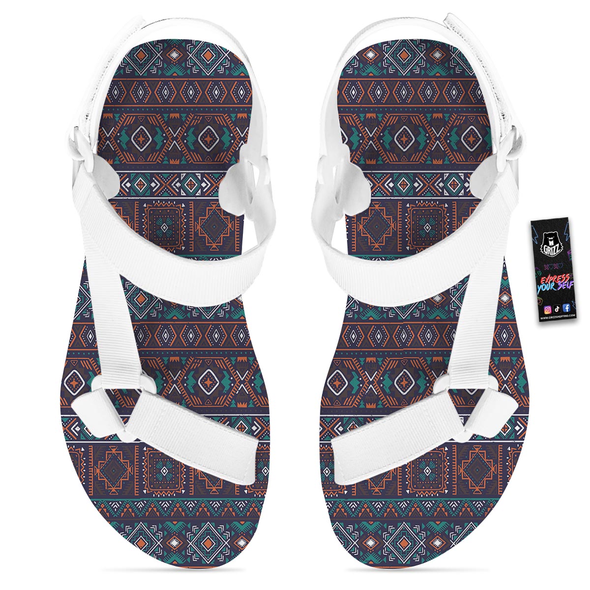 Navajo Retro Tribal Print Pattern White Open Toe Sandals-grizzshop