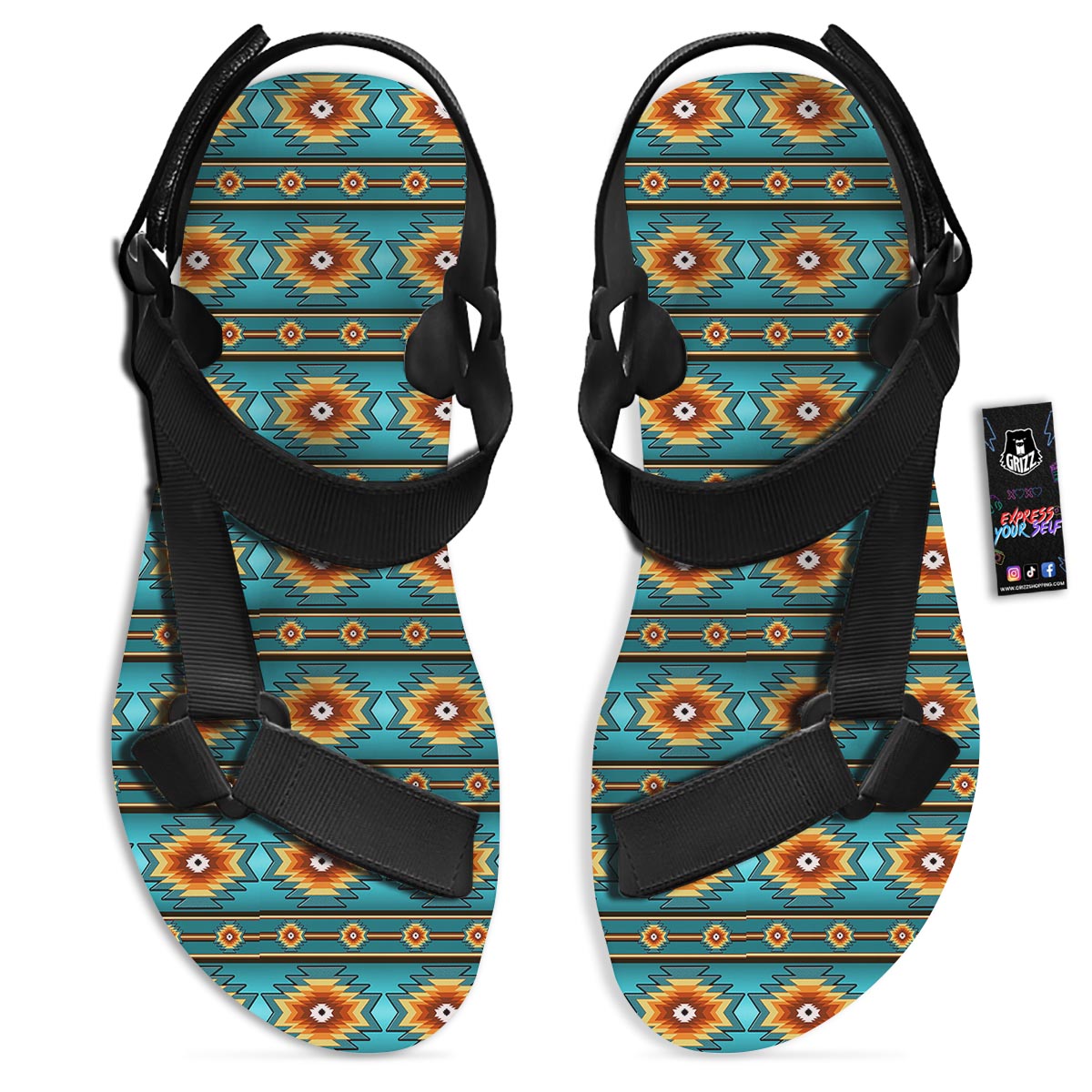Navajo Teal Southwestern Print Pattern Black Open Toe Sandals-grizzshop