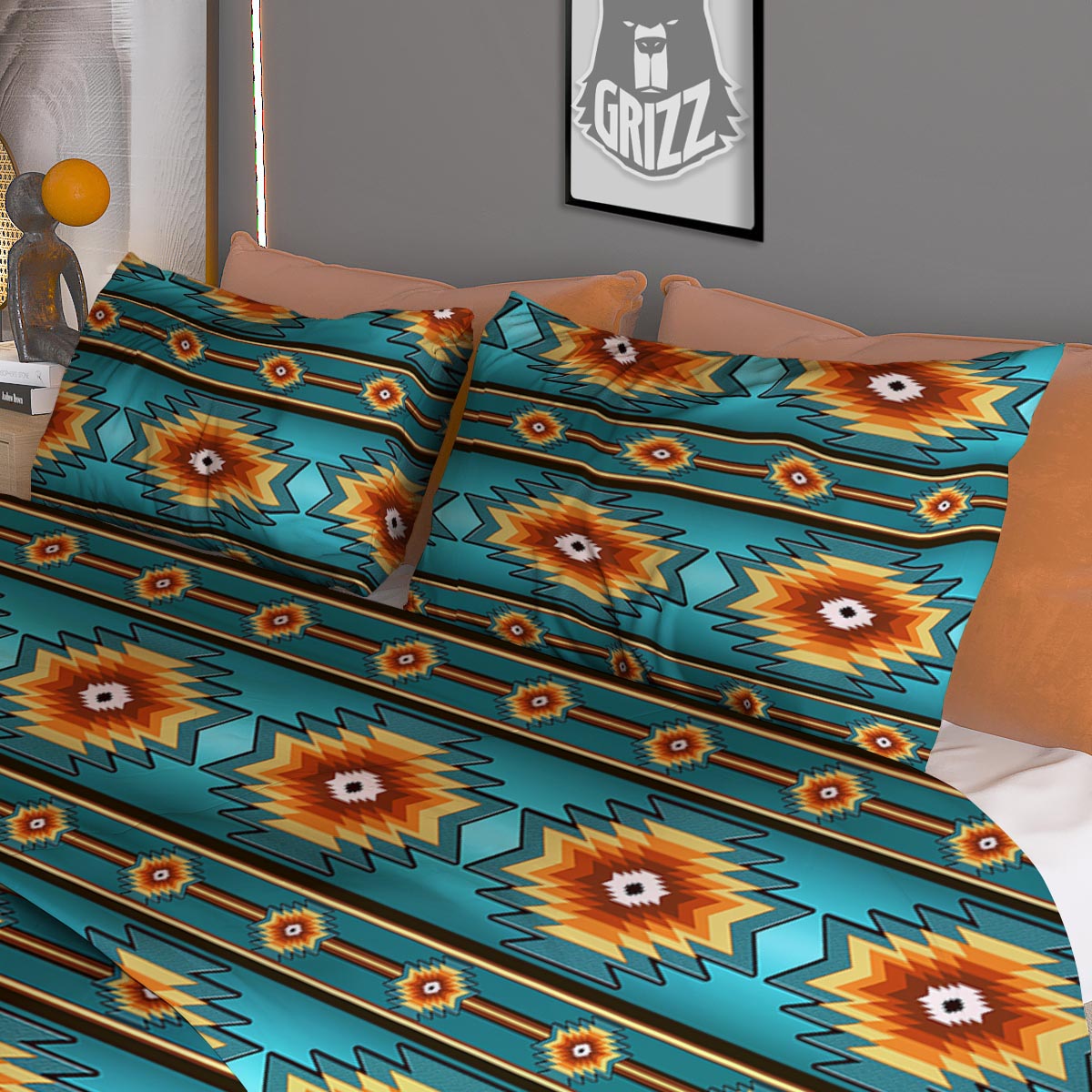 Navajo Teal Southwestern Print Pattern Duvet Cover Bedding Set