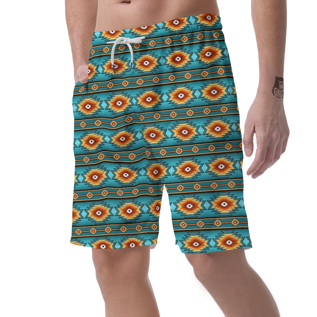 Navajo Teal Southwestern Print Pattern Men's Shorts-grizzshop